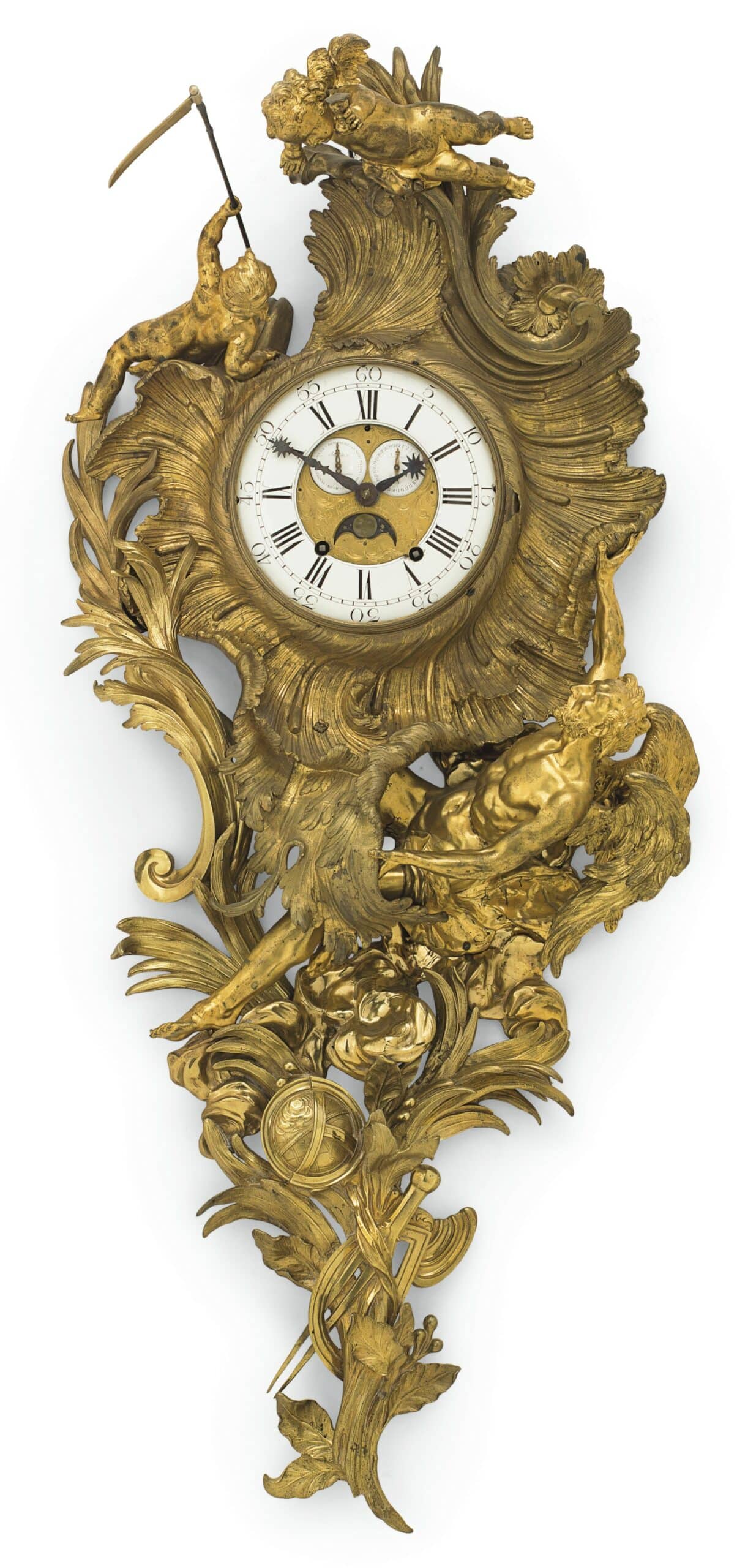 a decorative gold wall clock with sculpted figures around it