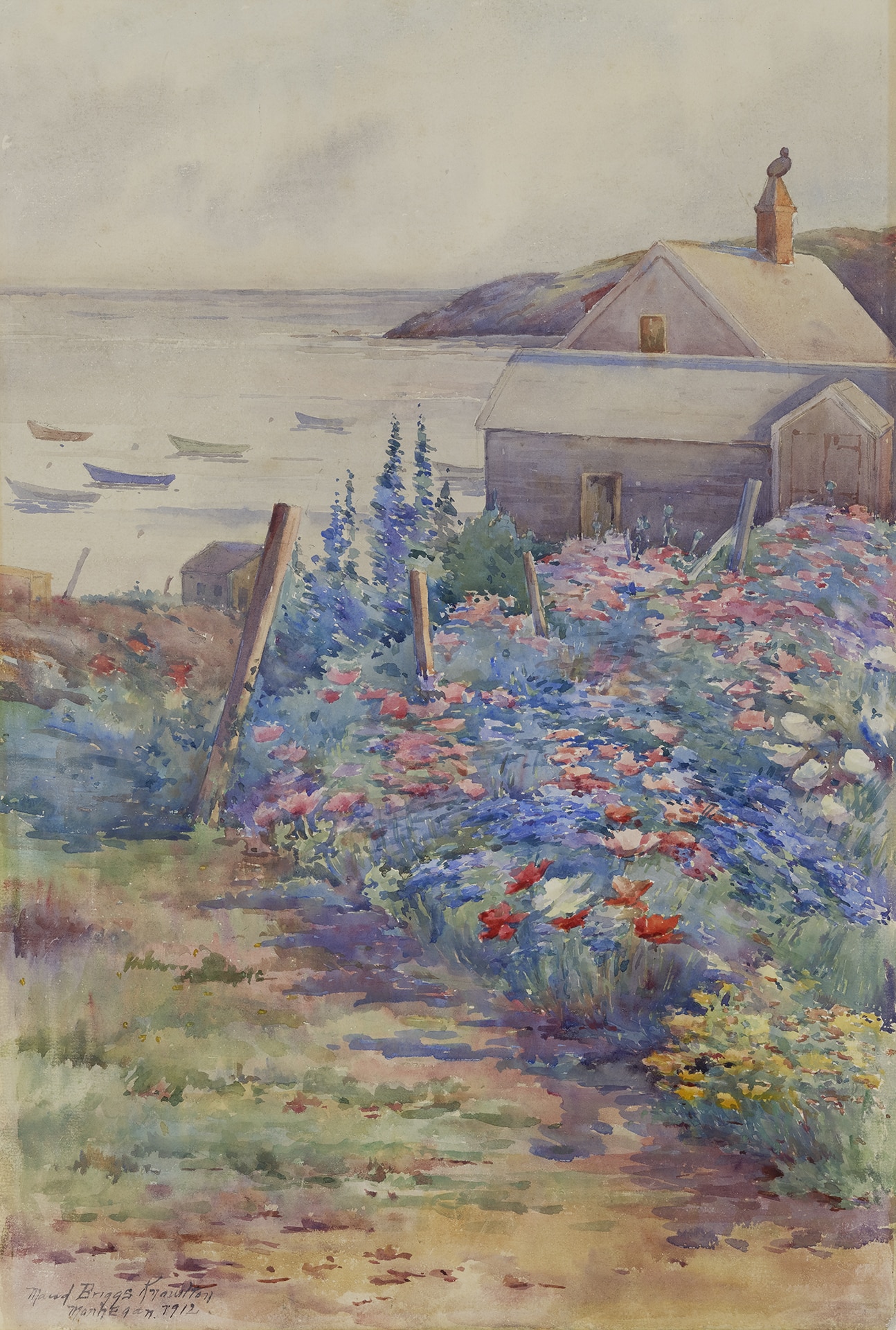 watercolor painting of a seaside house with blue flowers in the foreground