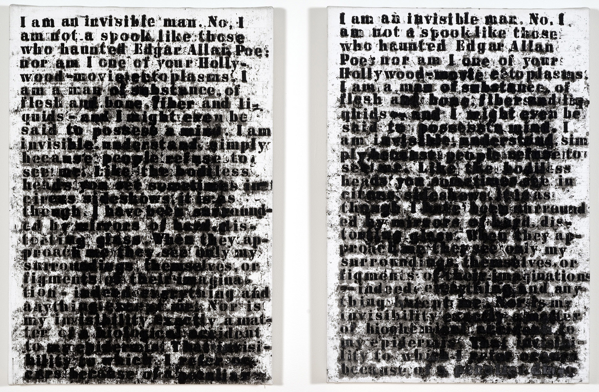 black and white painting of words that combine to create the appearance of blurry silhouettes of a man's head