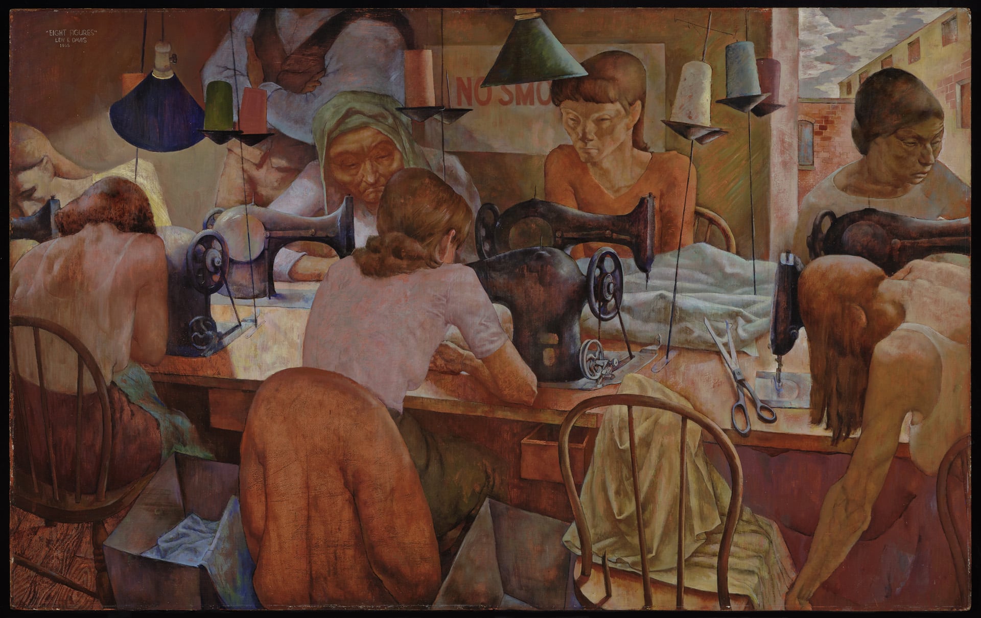 7 women work at sewing machines while a man watches over