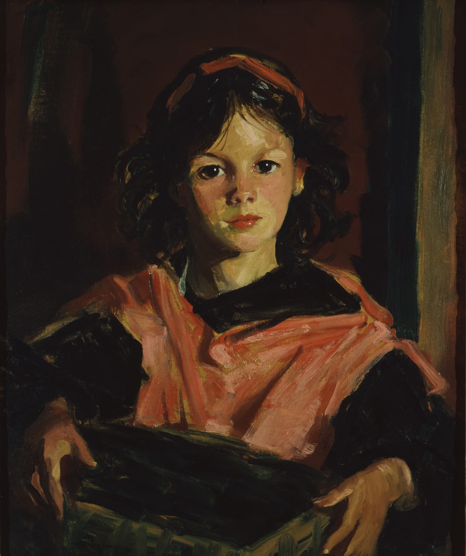 a portrait of a young girl in a pink dress holding a basket