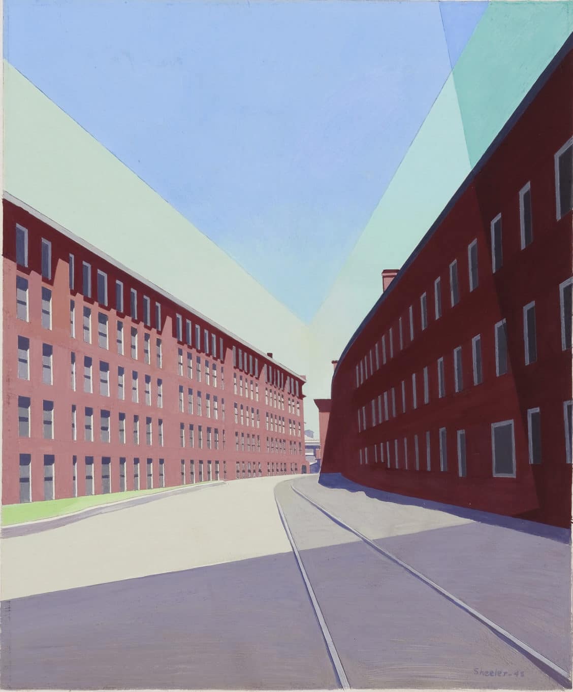 a painting of mill factory buildings lining a road