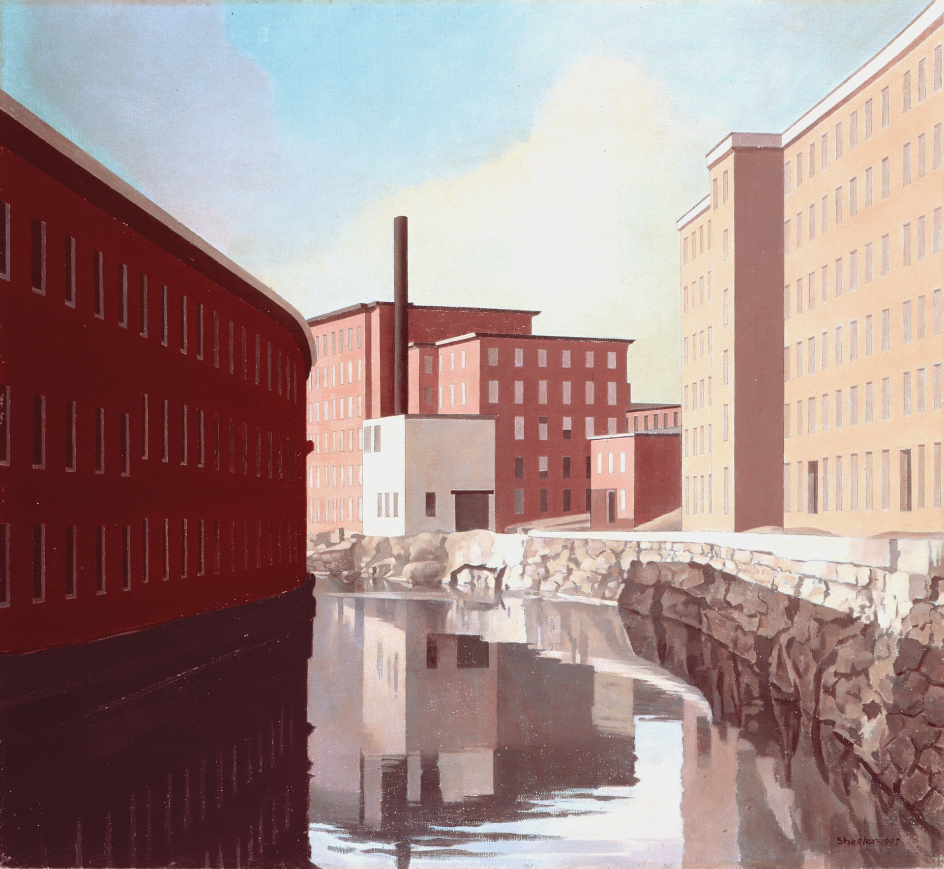a painting of mill factory buildings along a canal