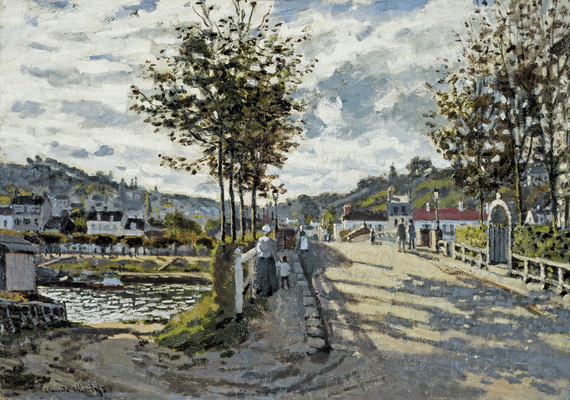 an impressionist landscape of a bridge crossing a river to a village in the background