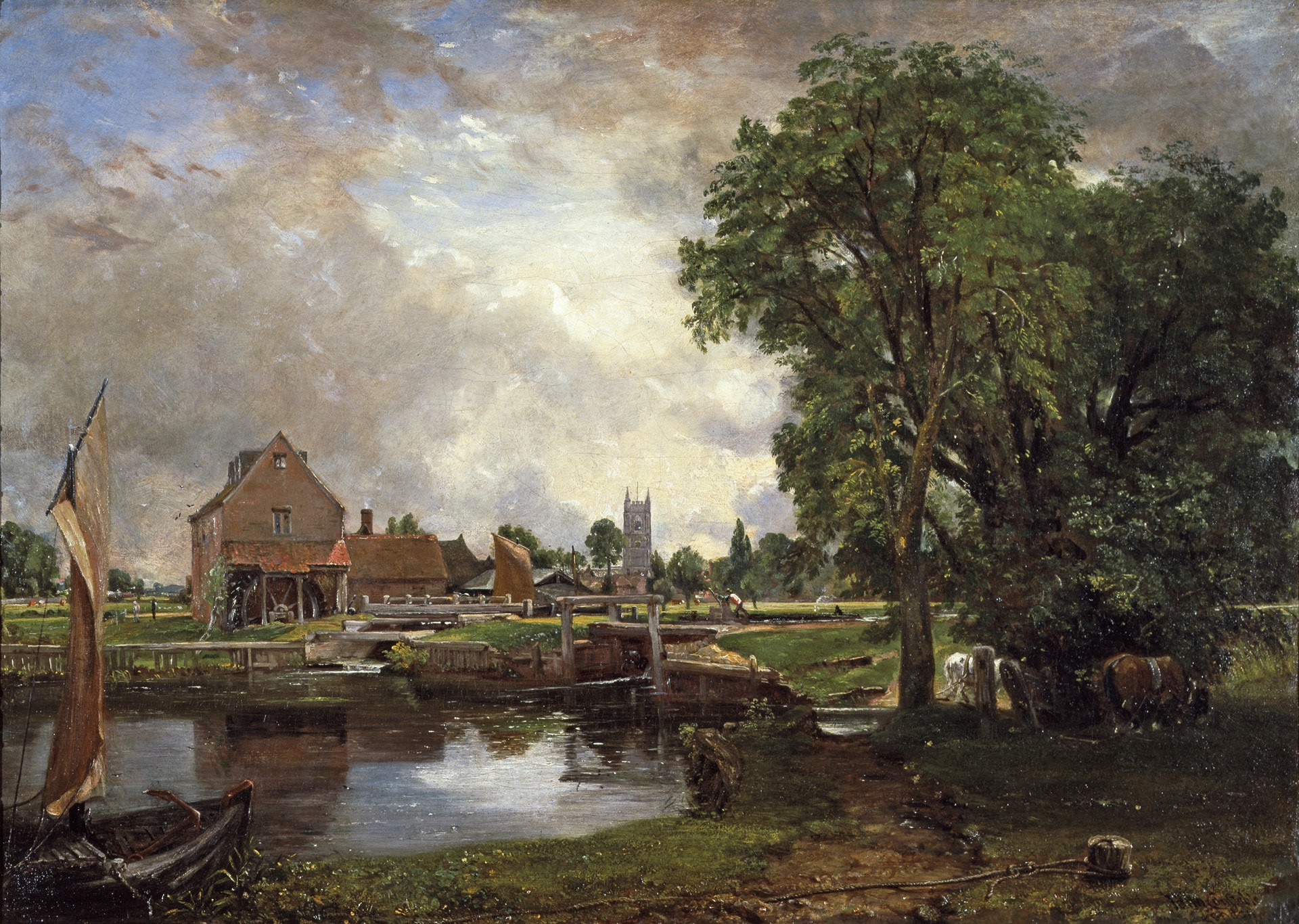 a pastoral landscape with a mill building in the background