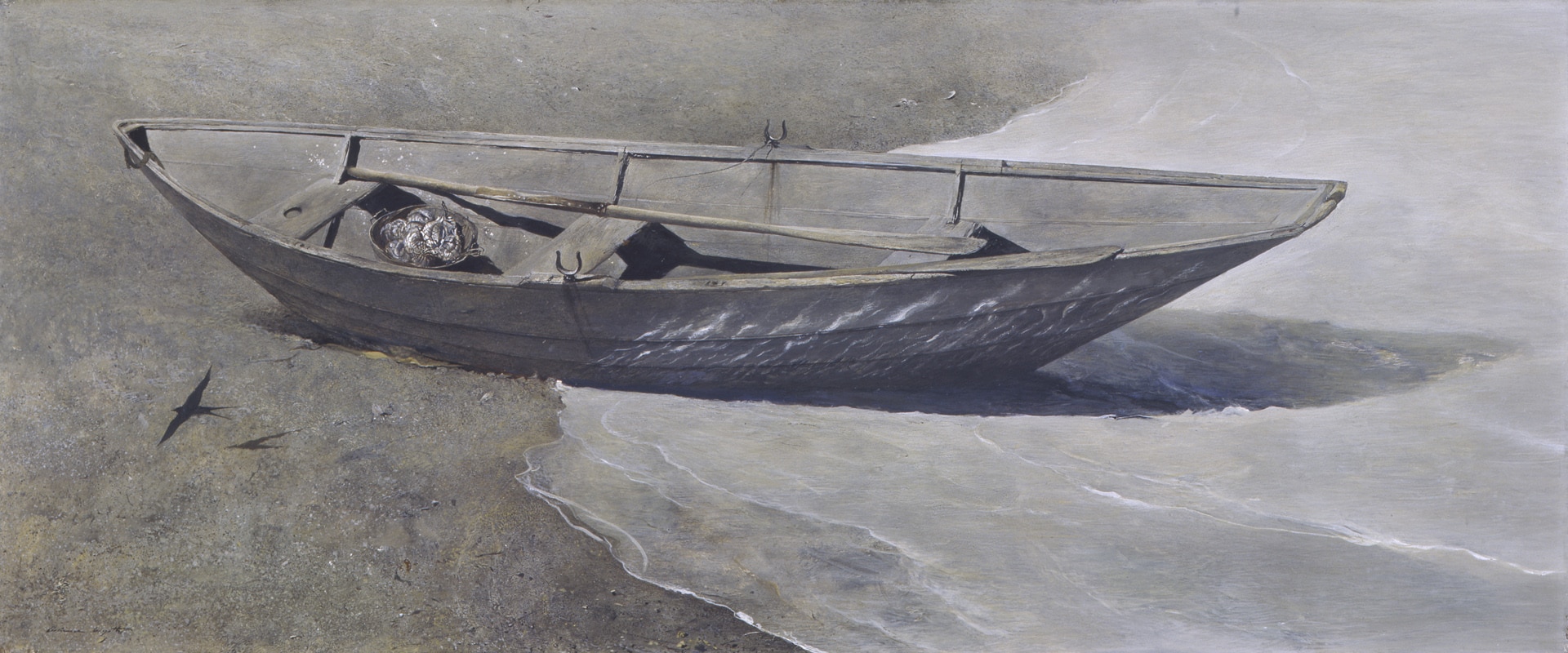 a painting of an empty rowboat half on the beach half in the water