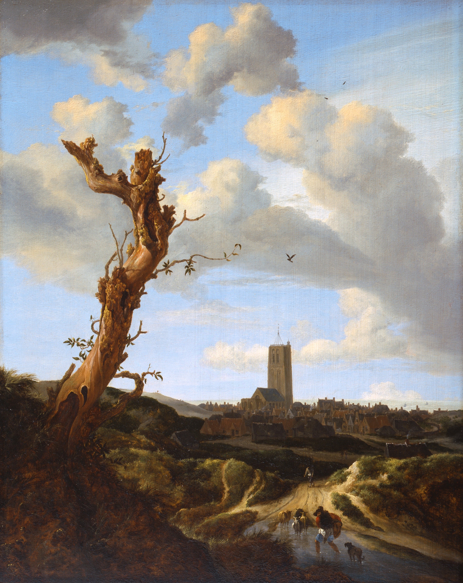 a landscape with a blasted tree in the foreground and a man walking along a path to a city in the background