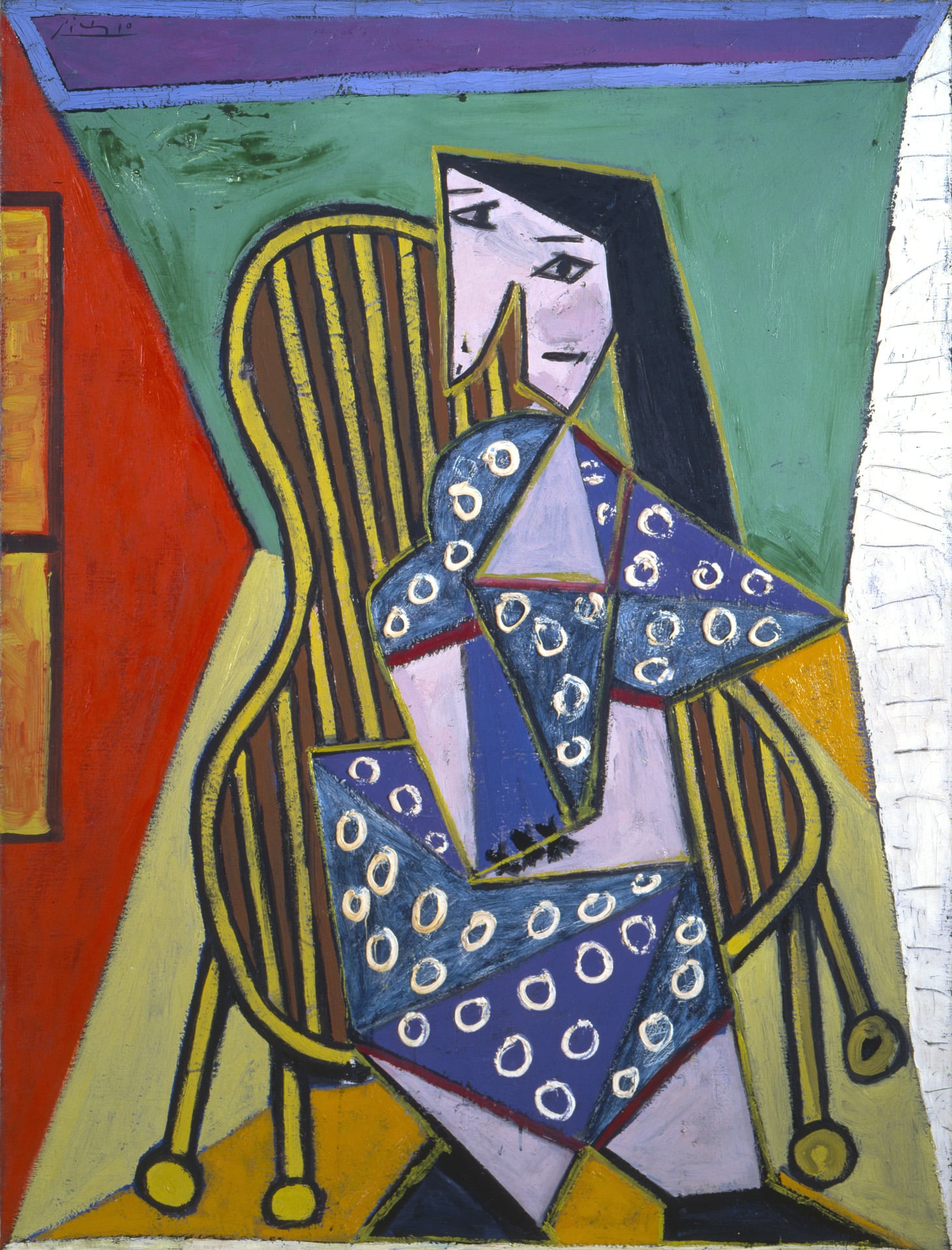 a cubist depiction of a woman in a chair against a colorful background