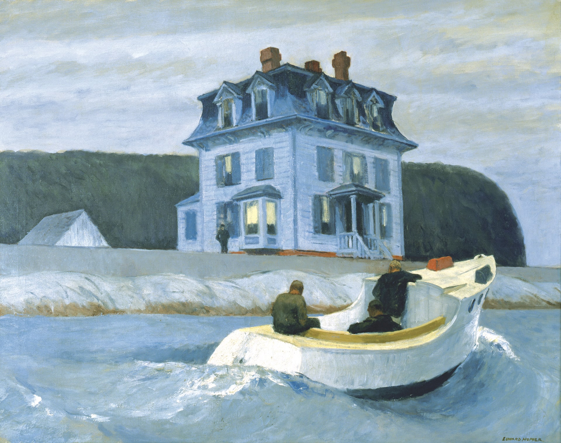 a painting of 3 men in a boat approaching the shore where a blue house stands against a cliff in the background