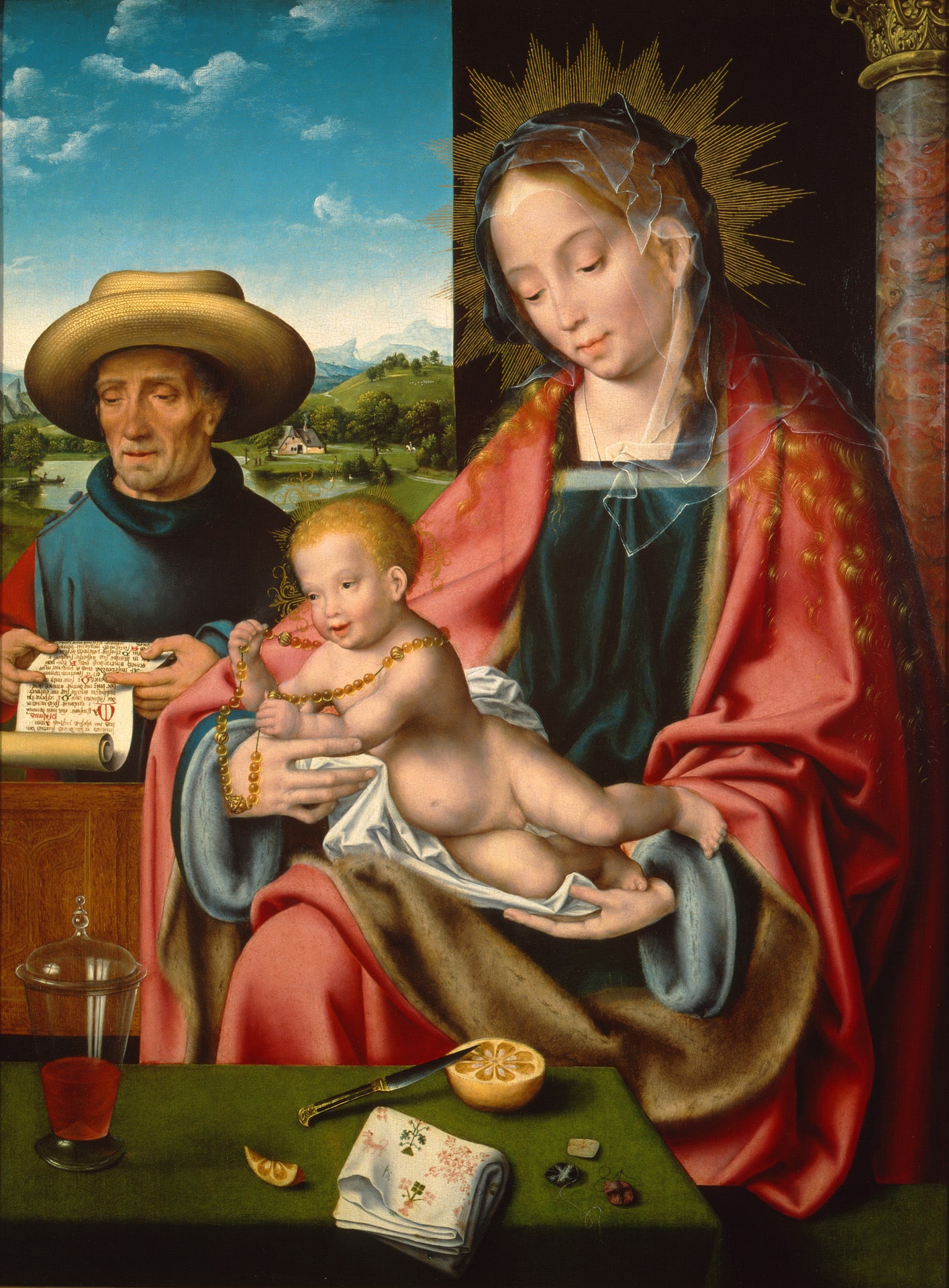 a painting of the virgin mary in red and blue robes holding baby Jesus with a man and landscape in the background