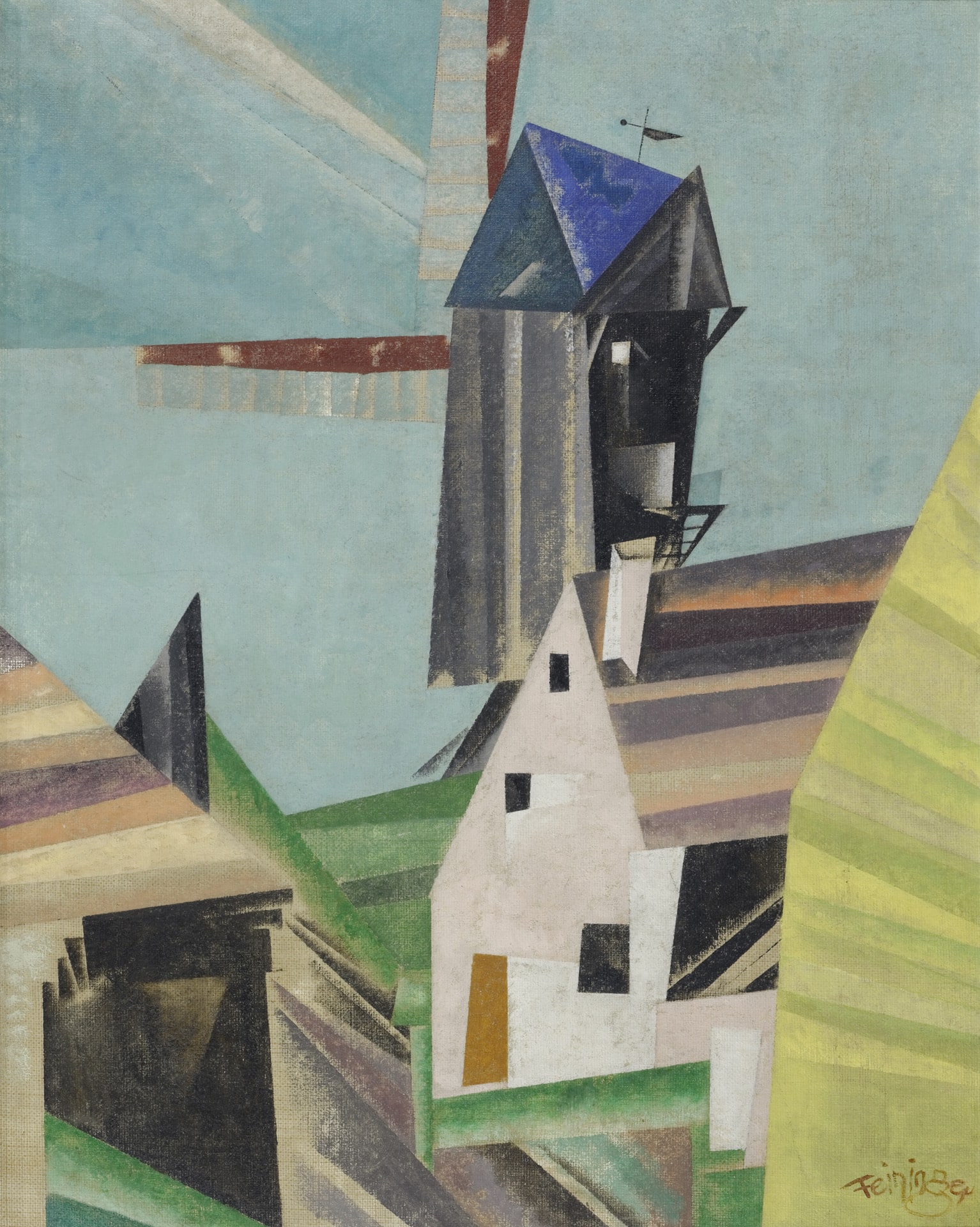 a cubist painting of a windmill and houses against a blue background