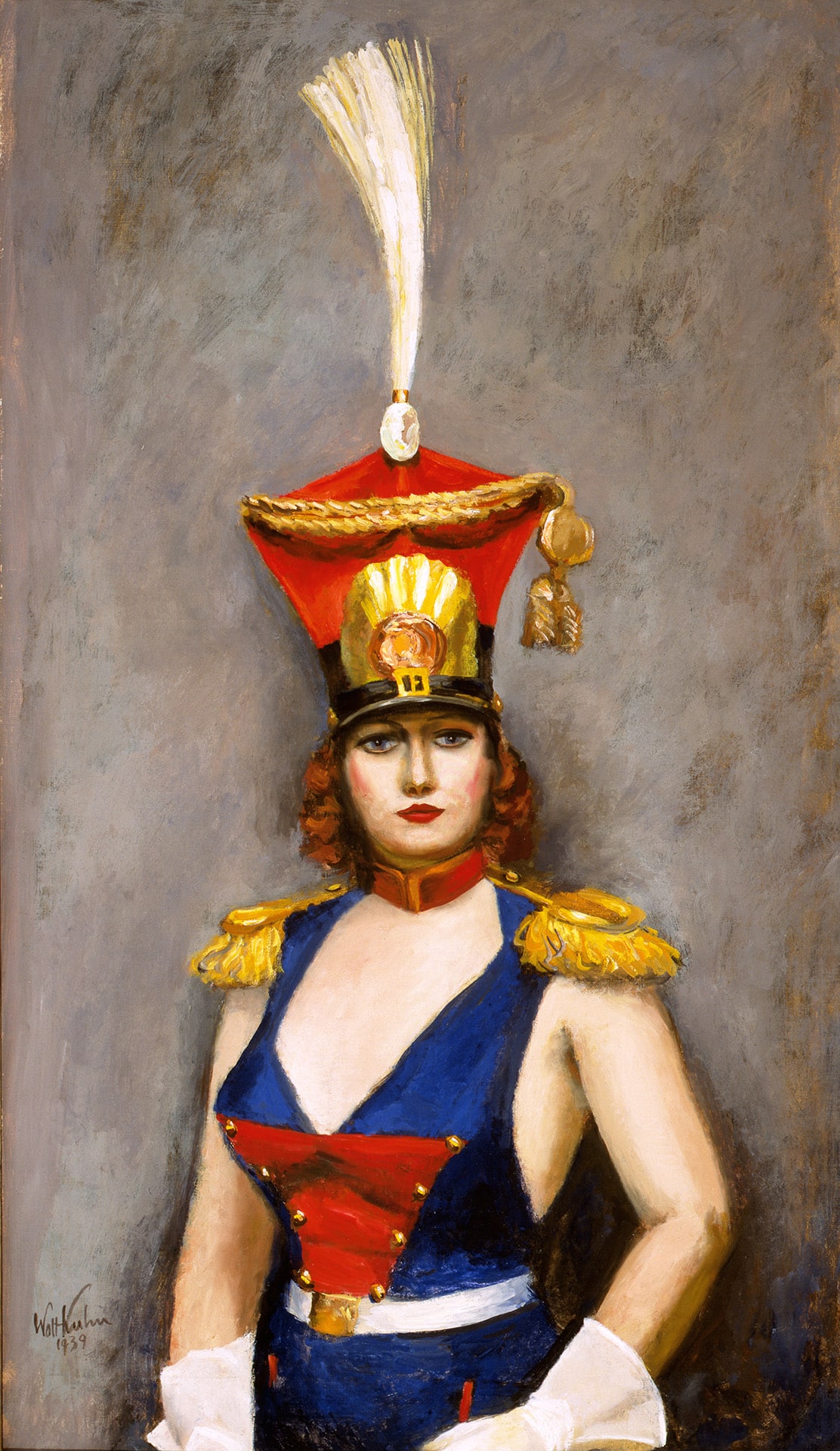 a painting of a woman dressed in a majorette costume