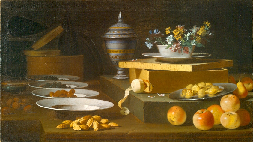 a still life painting with fruit and bowls of spices and a bouquet of flowers