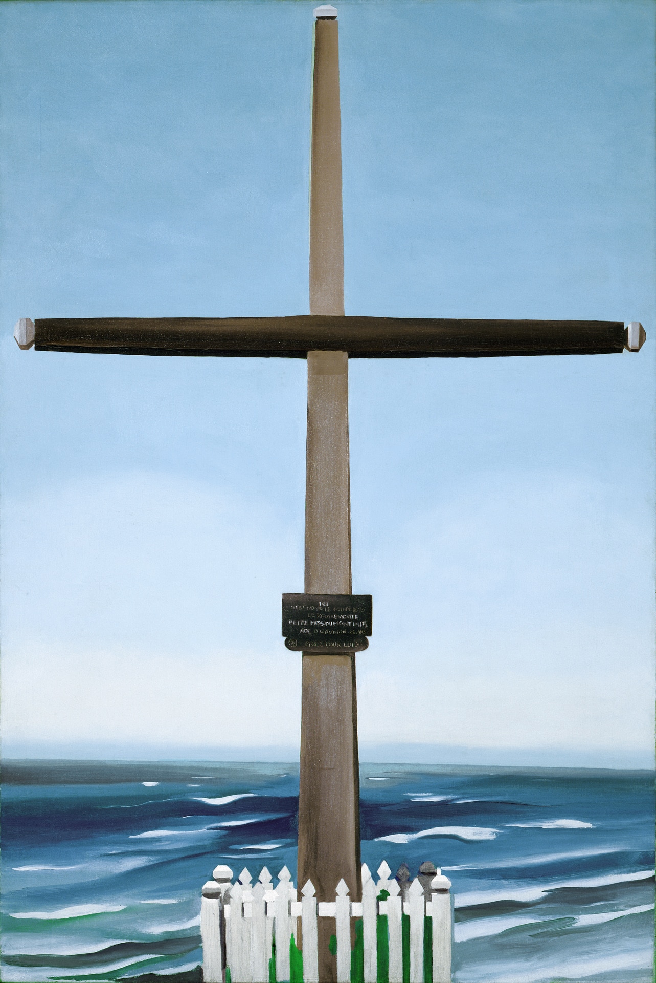 a painting of a large cross in the background is a blue sky and a blue ocean