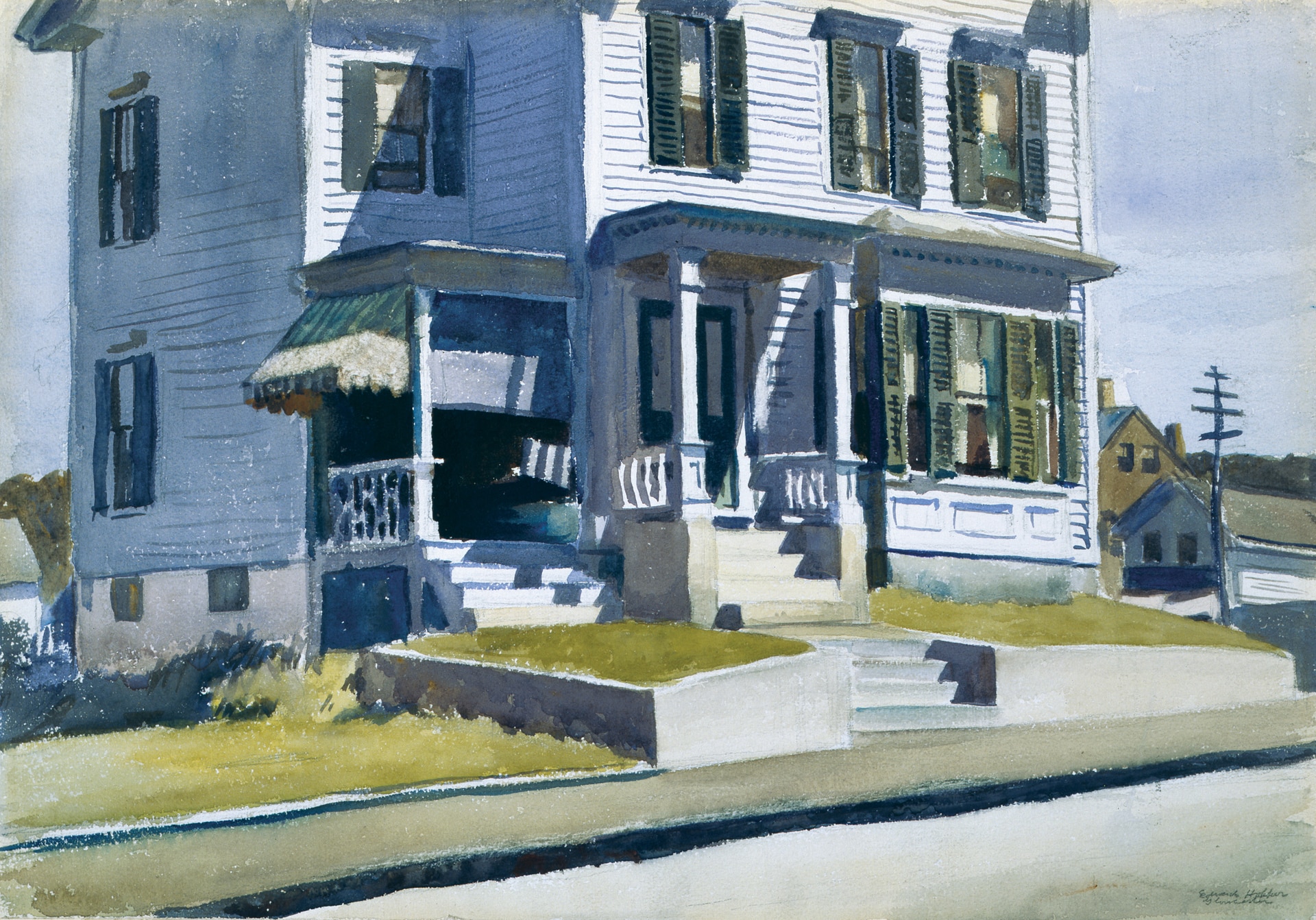 a watercolor of a two story blue house with a porch and sidewalk