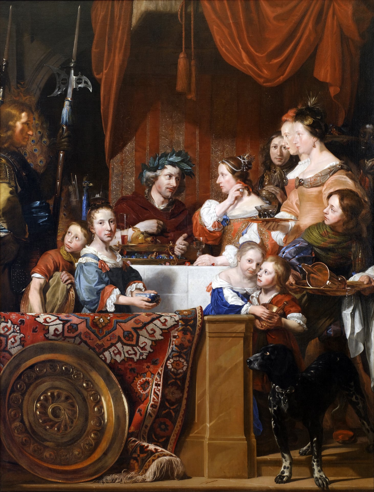 a painting of 12 people in luxuriously decorated interior dressed up in 17th century clothing eating a banquet