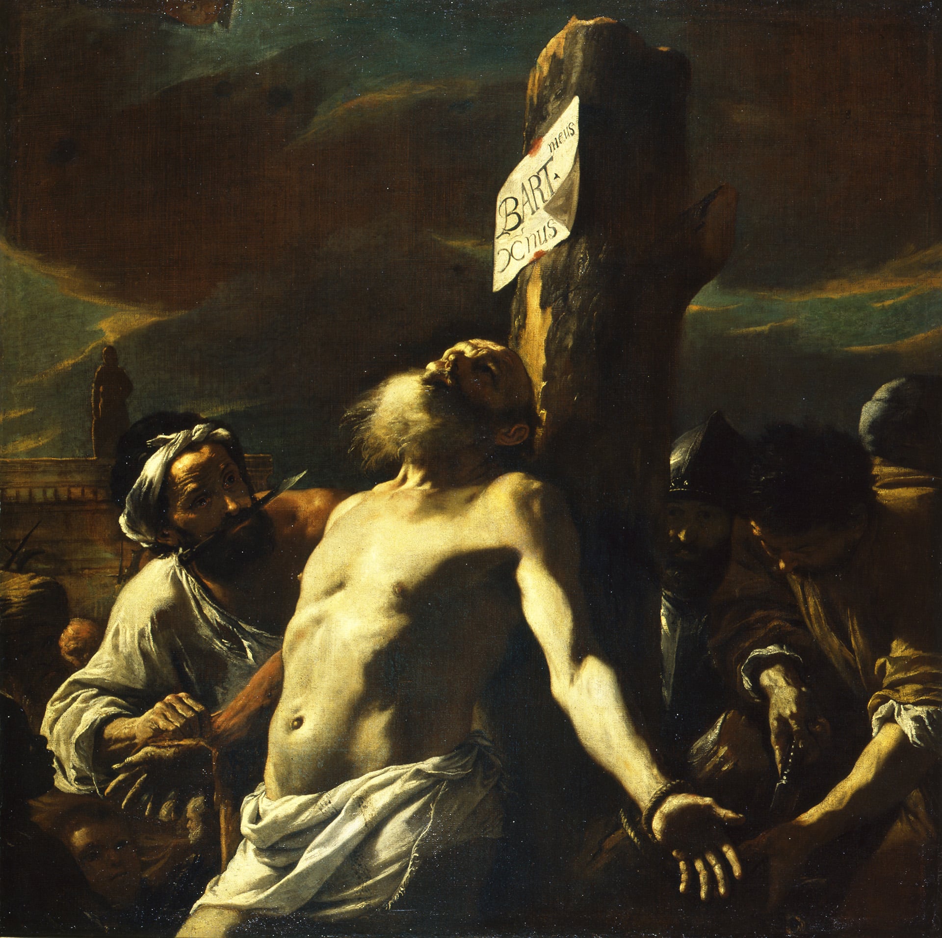 a painting with dramatic lighting of a man being flayed alive