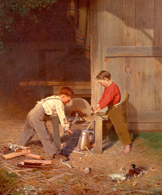 a painting of two boys woodworking in front of a barn