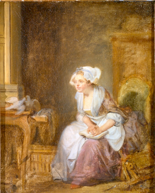 a painting of a woman dressed in 18th century costume sitting in an interior looking at two birds on a table