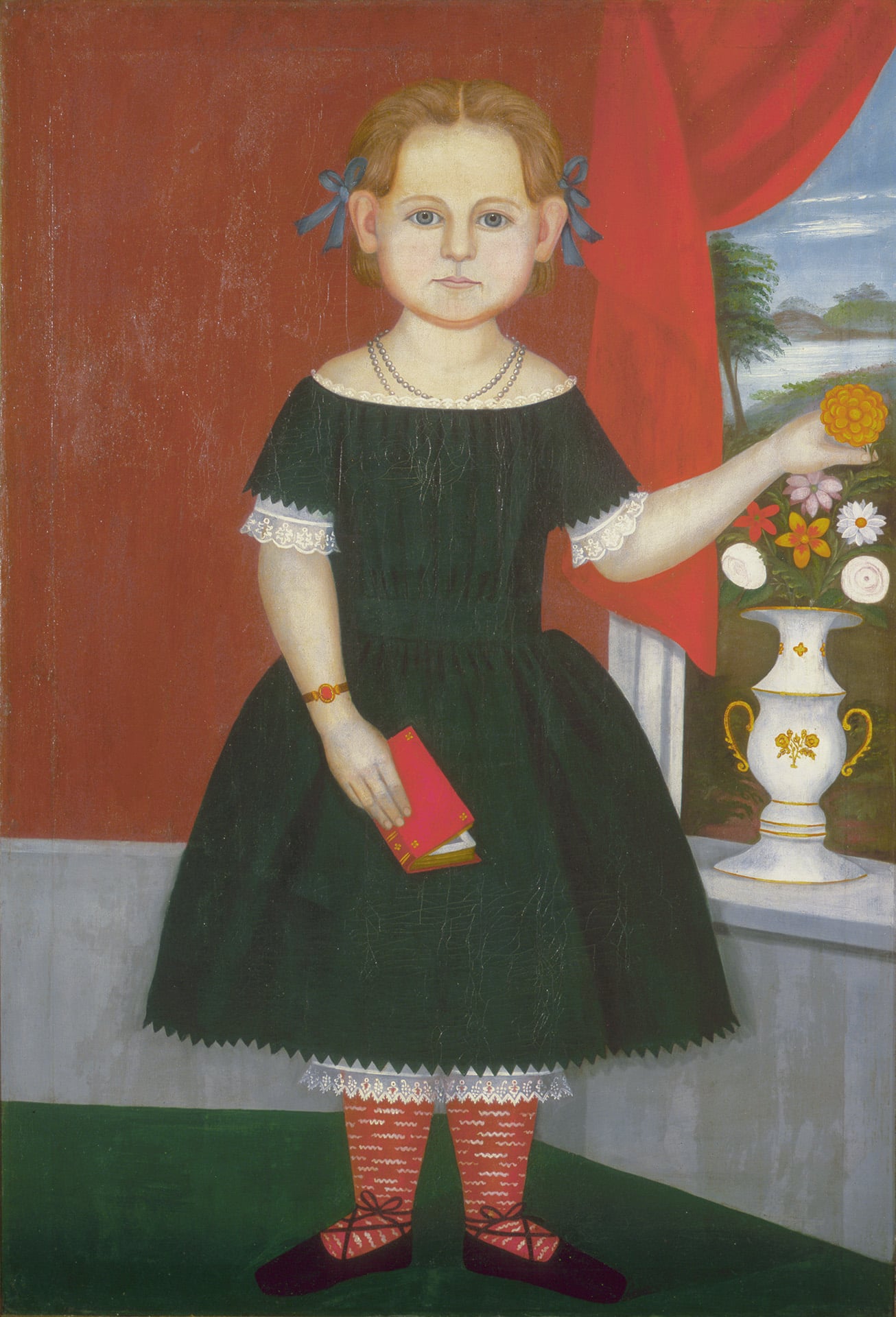a painting of a girl wearing a black dress standing by a window holding an orange flower