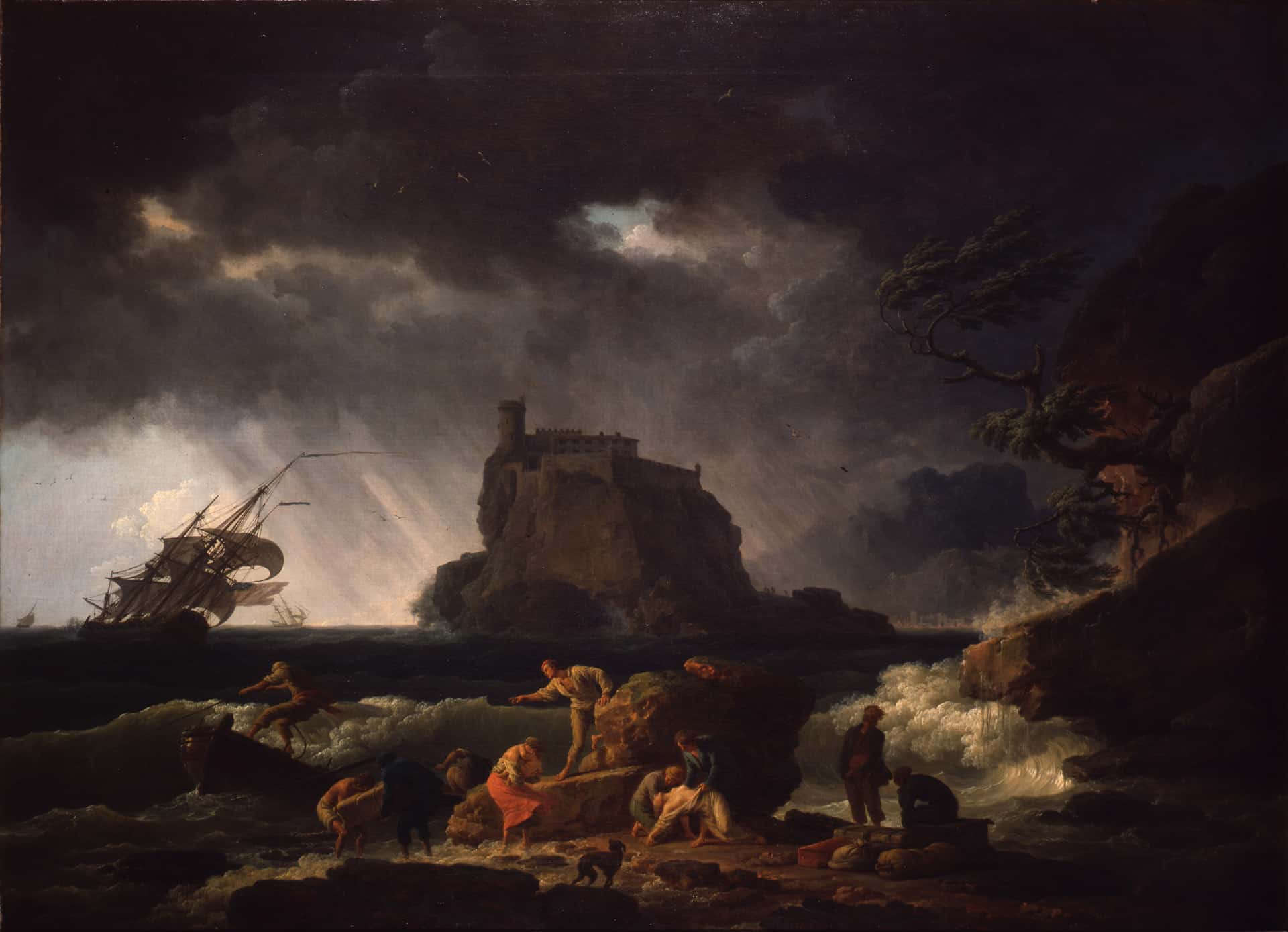 a painting of men pulling a boat to shore in a stormy sea with dark clouds and heavy rains