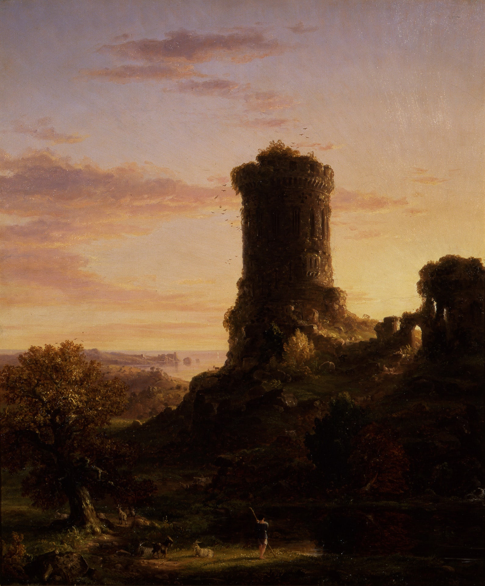 a landscape of a ruined tower with a dramatic sky