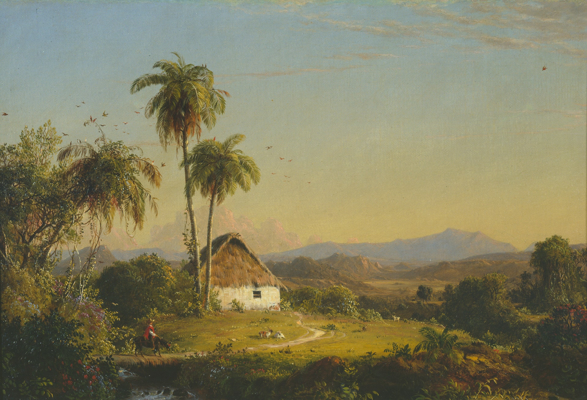 a landscape with palm trees, a building with a thatched roof and a mountain in the distance