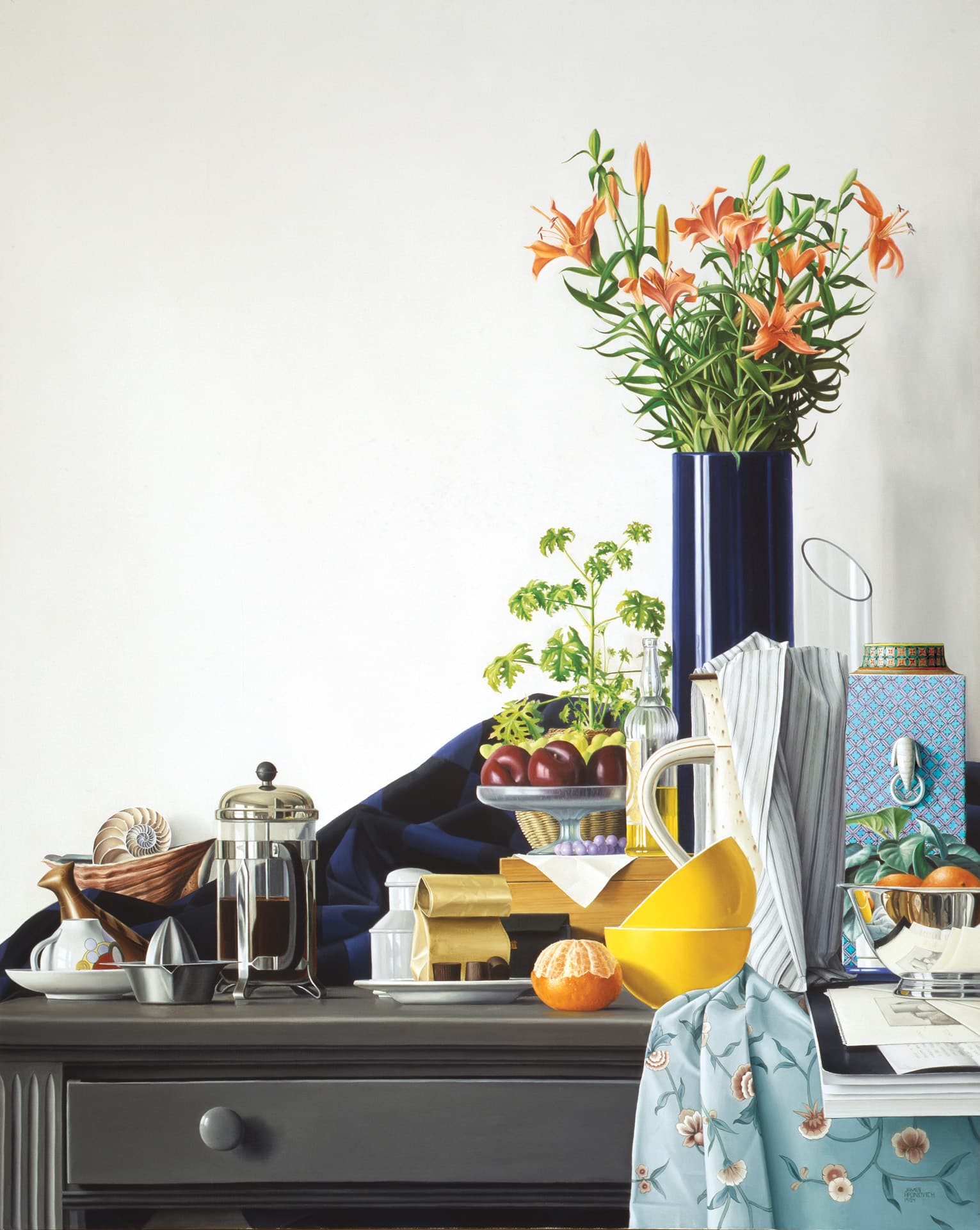 a still life with a vase of lillies, yellow bowls, a french press, a half-peeled orange and chocolates on a table