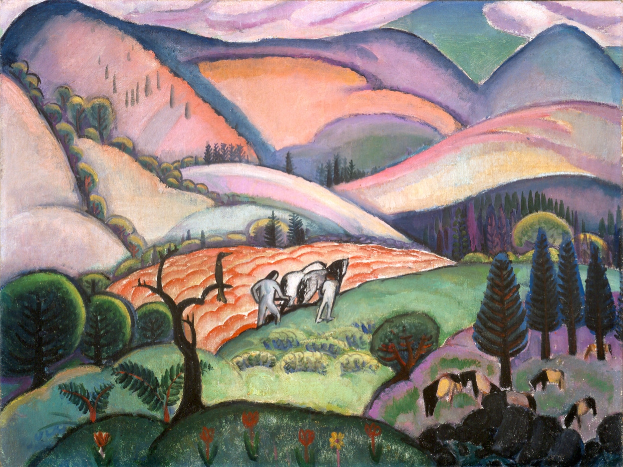 a brightly colored landscape with hills and rolling fields and 2 figures and a horse plowing