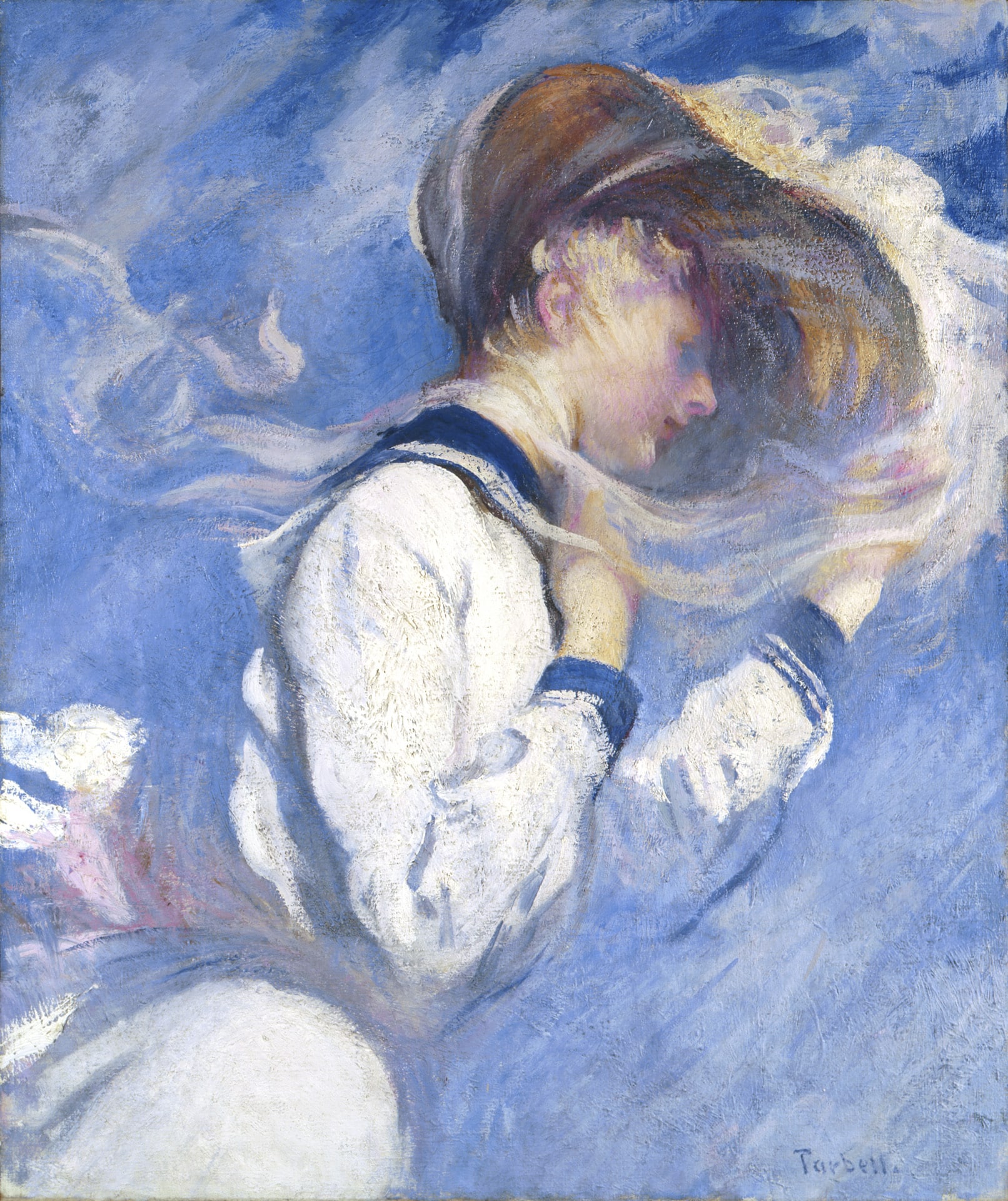 a painting of a woman in profile wearing a white long sleave sailor dress and a wide brimmed hat against a blue background