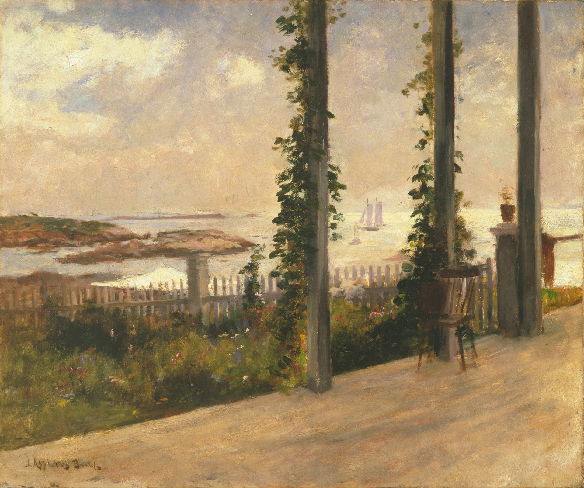 a landscape looking out from a porch onto the ocean with islands