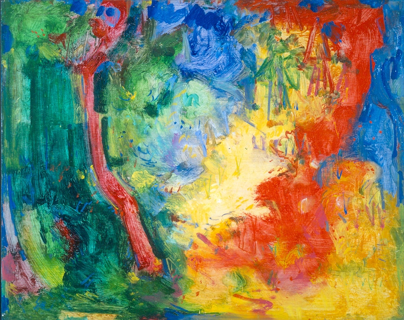 a brightly abstract painting wtih red, blue, yellow, and green color fields