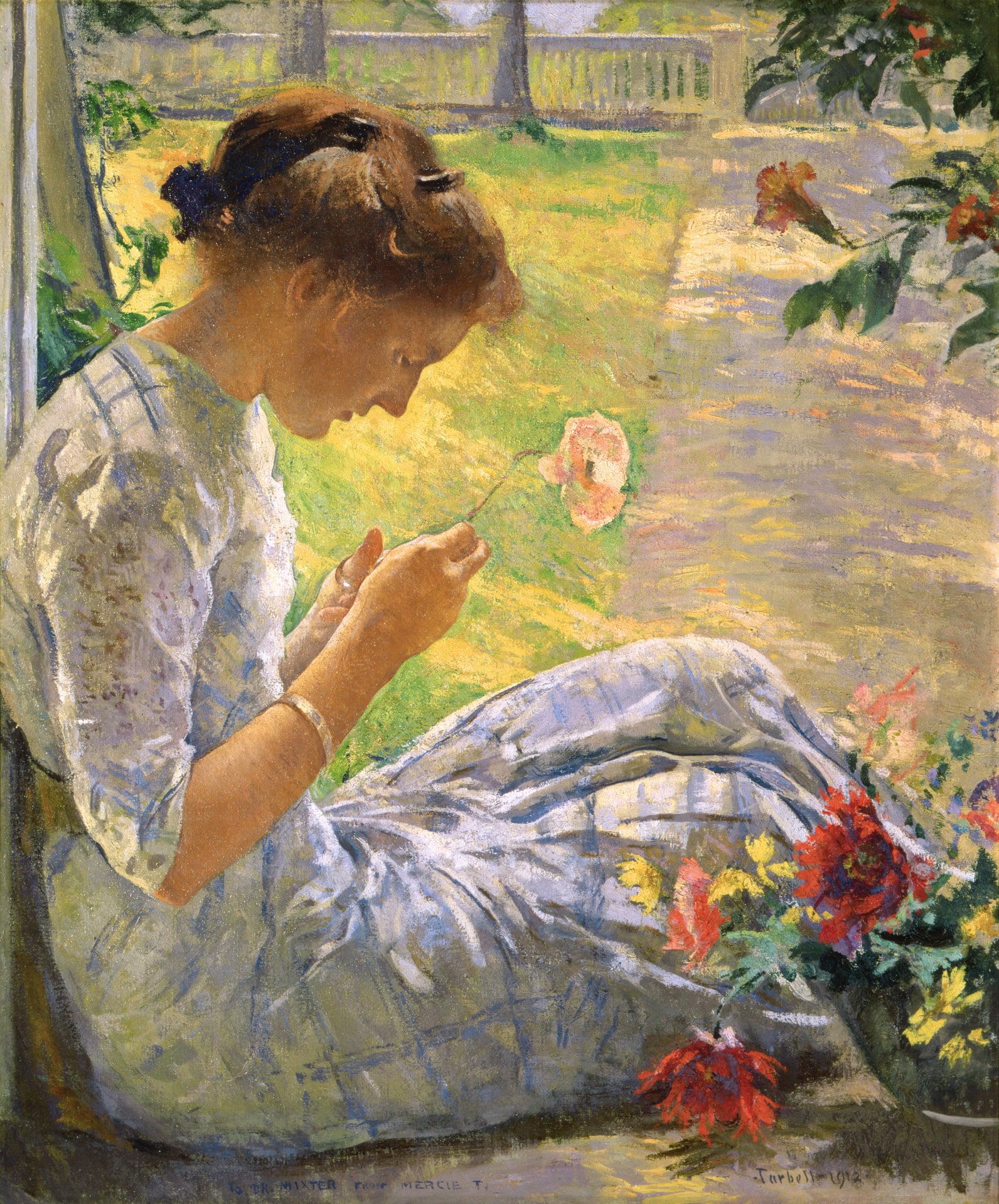a painting of a girl sitting outside cutting a pink flower with a basket of flowers next to her