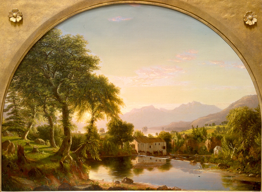 a landscape painting of a mill on a river with mountains in the background