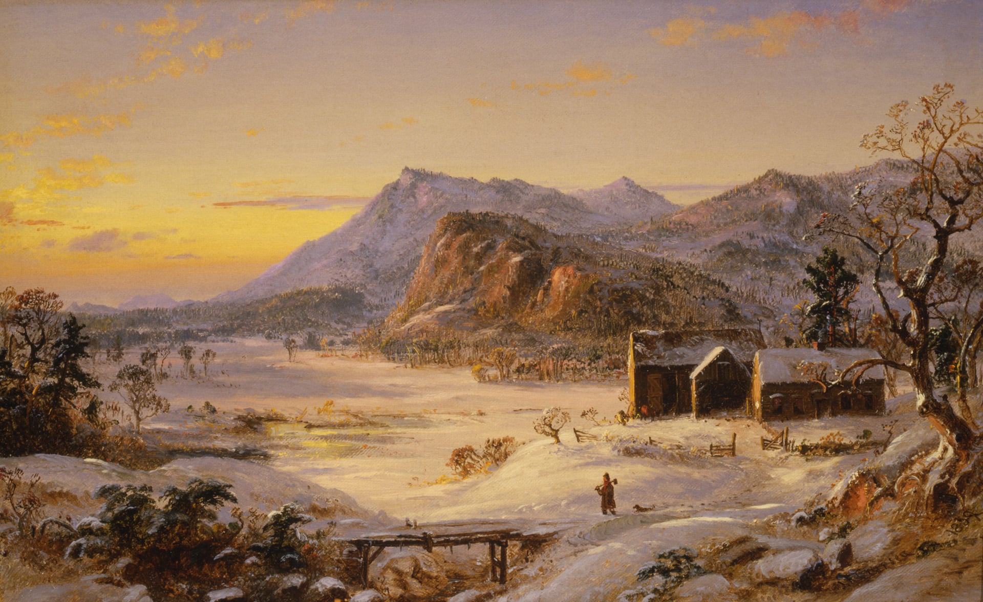 a winter landscape painting with mountains and a farm and snow on the ground