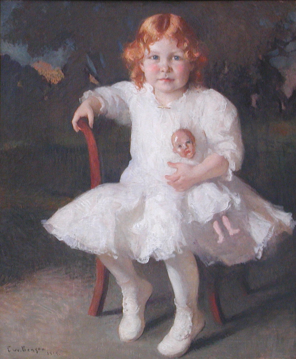 a portrait painting of a young girl in a white dress holding a doll in a white dress