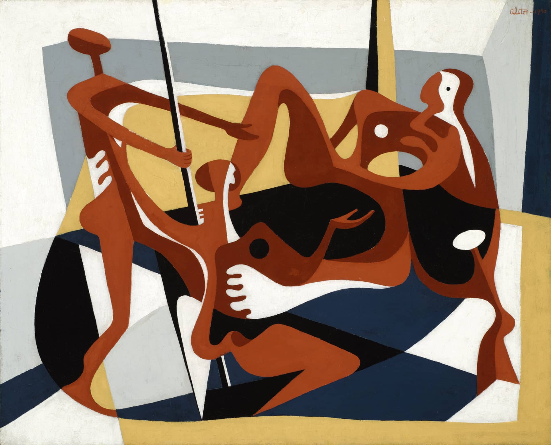 brown biomorphic figures appear to dance with an abstracted geometric background