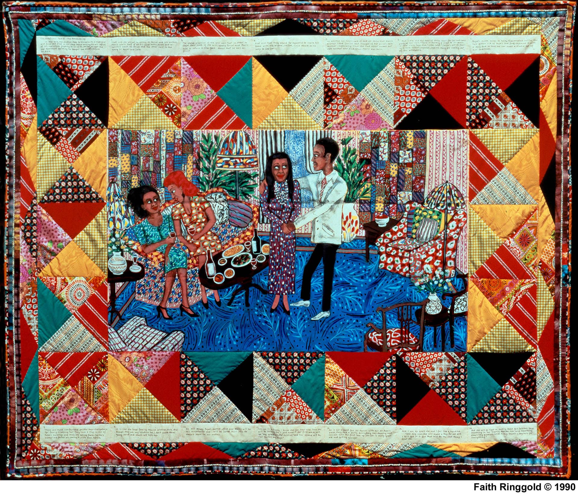 a multicolored patchwork quilt with a painting in the center of four figures in a living room