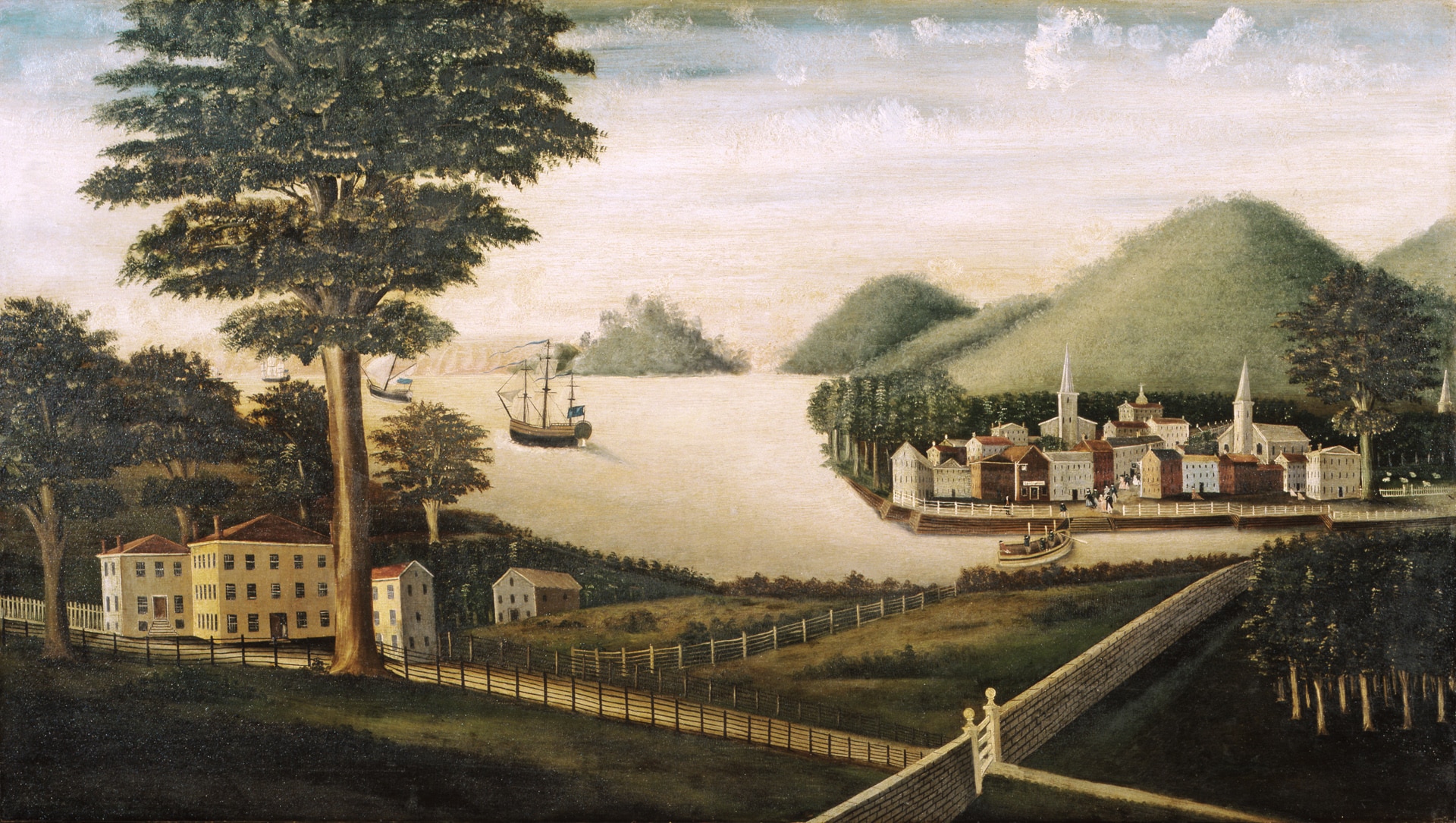 a landscape painting of a river and a small town nestled in the hills
