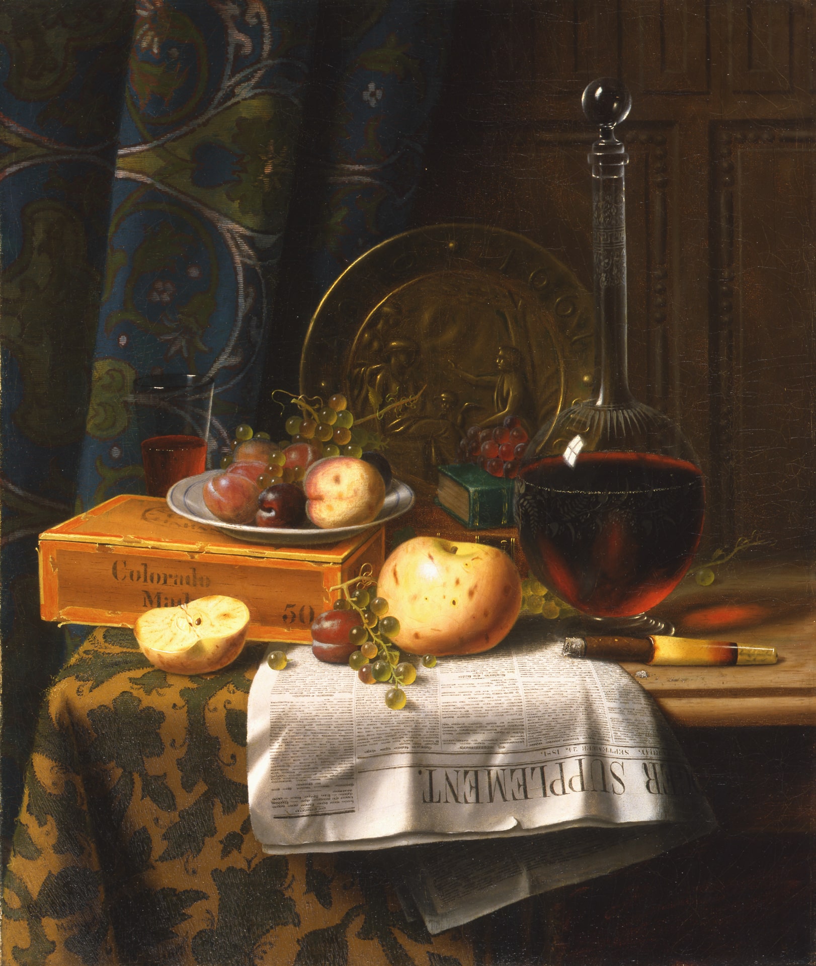 a still life painting with a decanter of wine, a bronze metal plate, fruit, and a newspaper