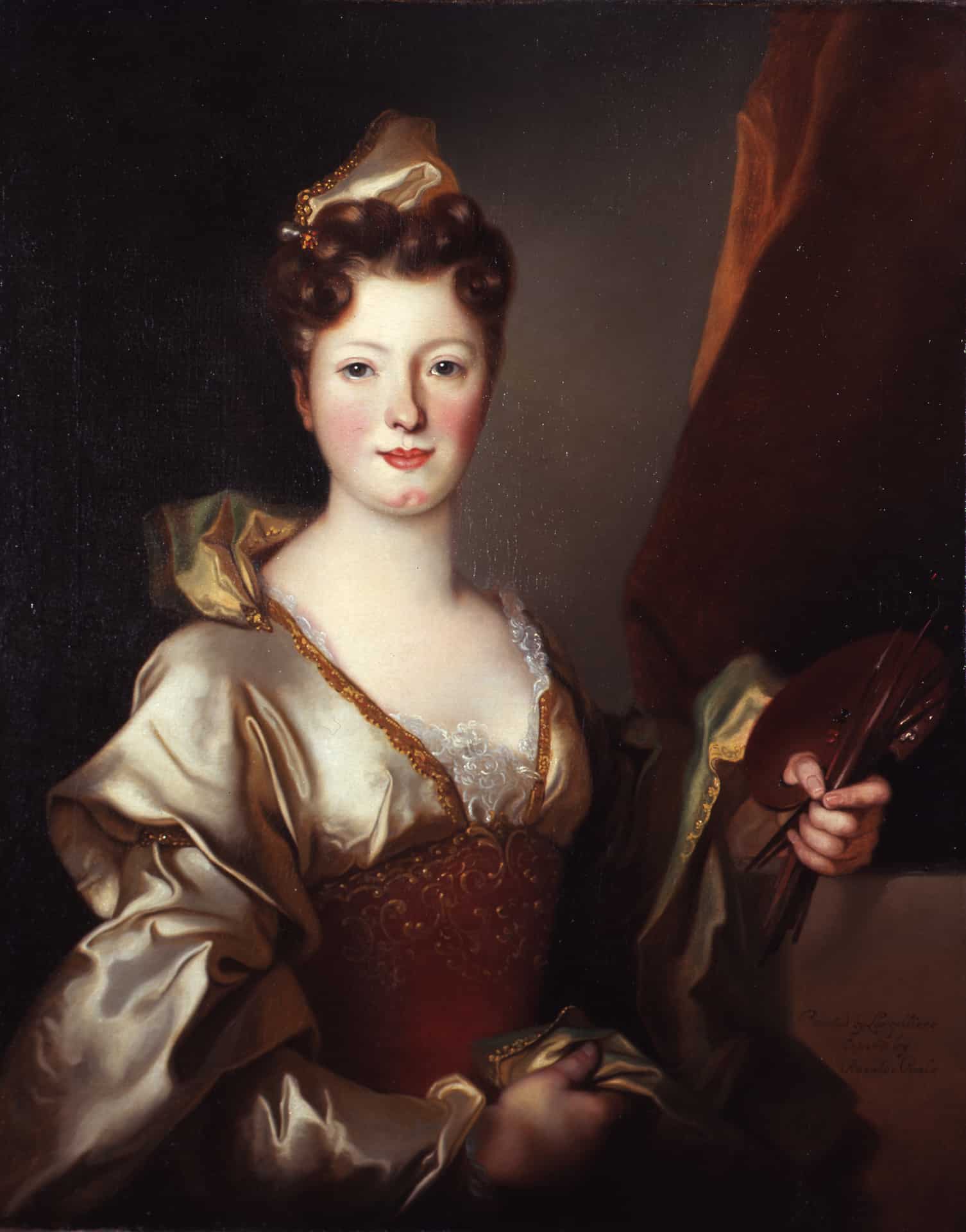 a portrait of an elegantly dressed woman holding an artist's palette and brushes