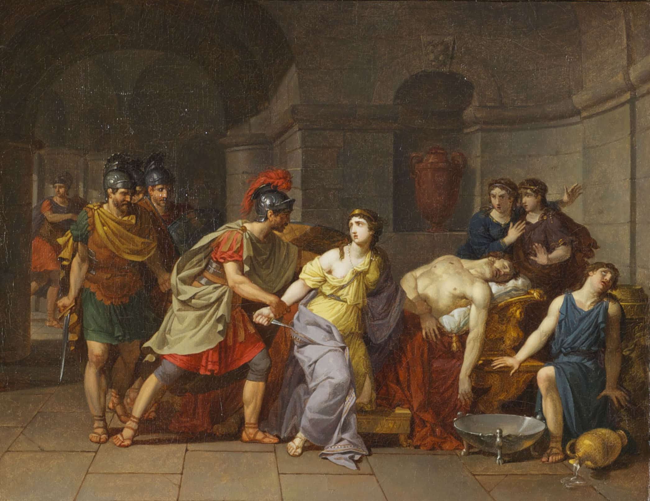a woman in Roman costume is arrested by several roman soldiers and a man lies dying on a bed