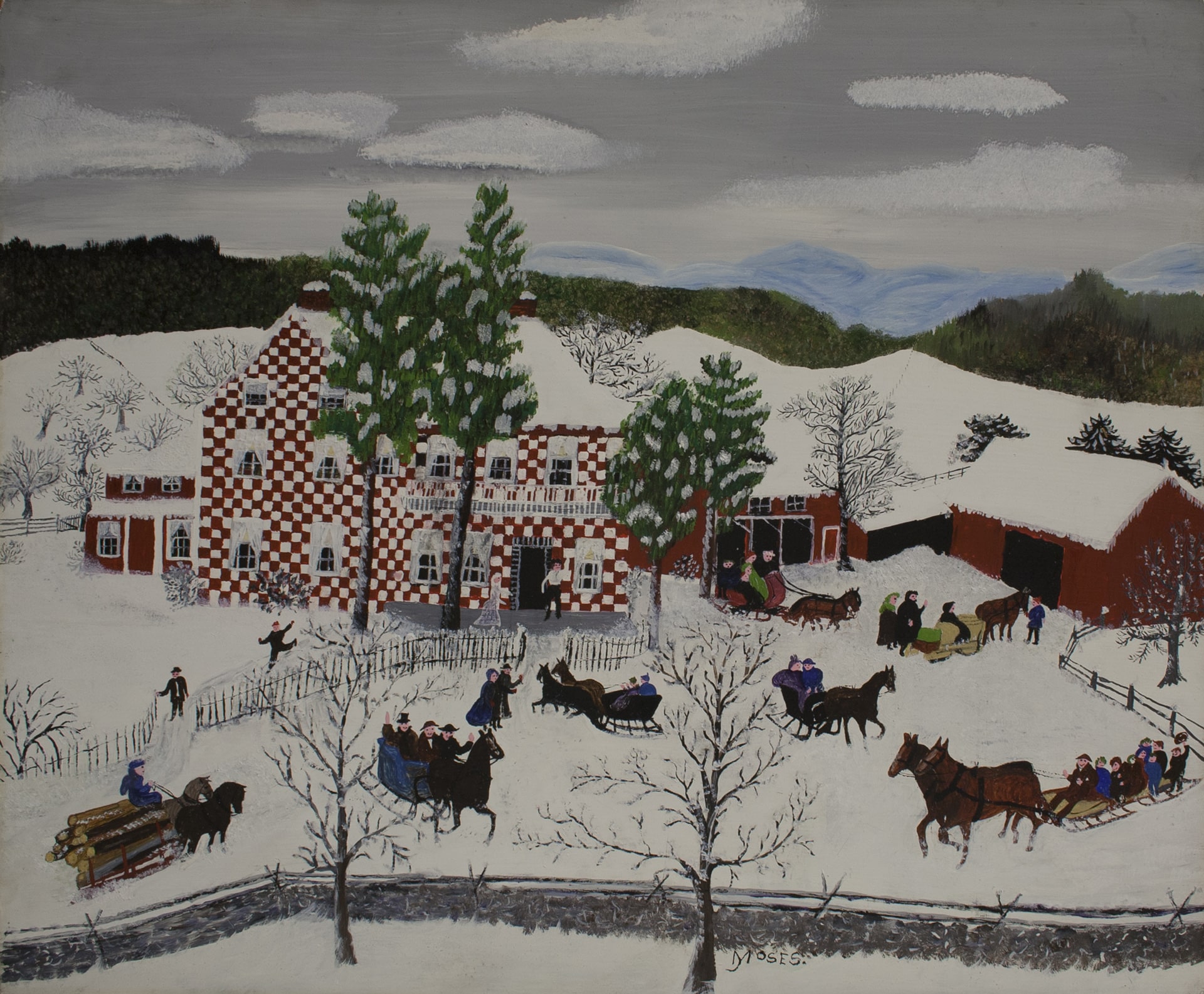 a painting of a winter scene with horse-drawn sleighs and a checkered house