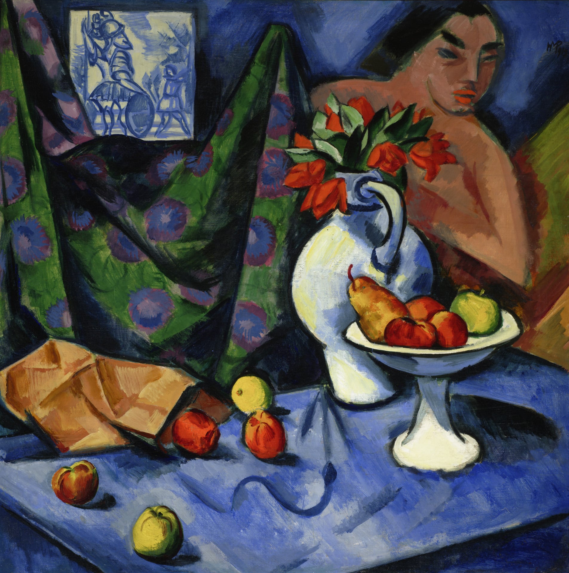 a painting of a woman with a table of apples and a vase of flowers