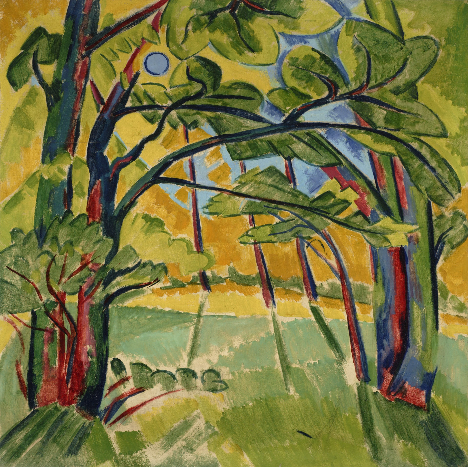 a landscape with trees and a yellow background
