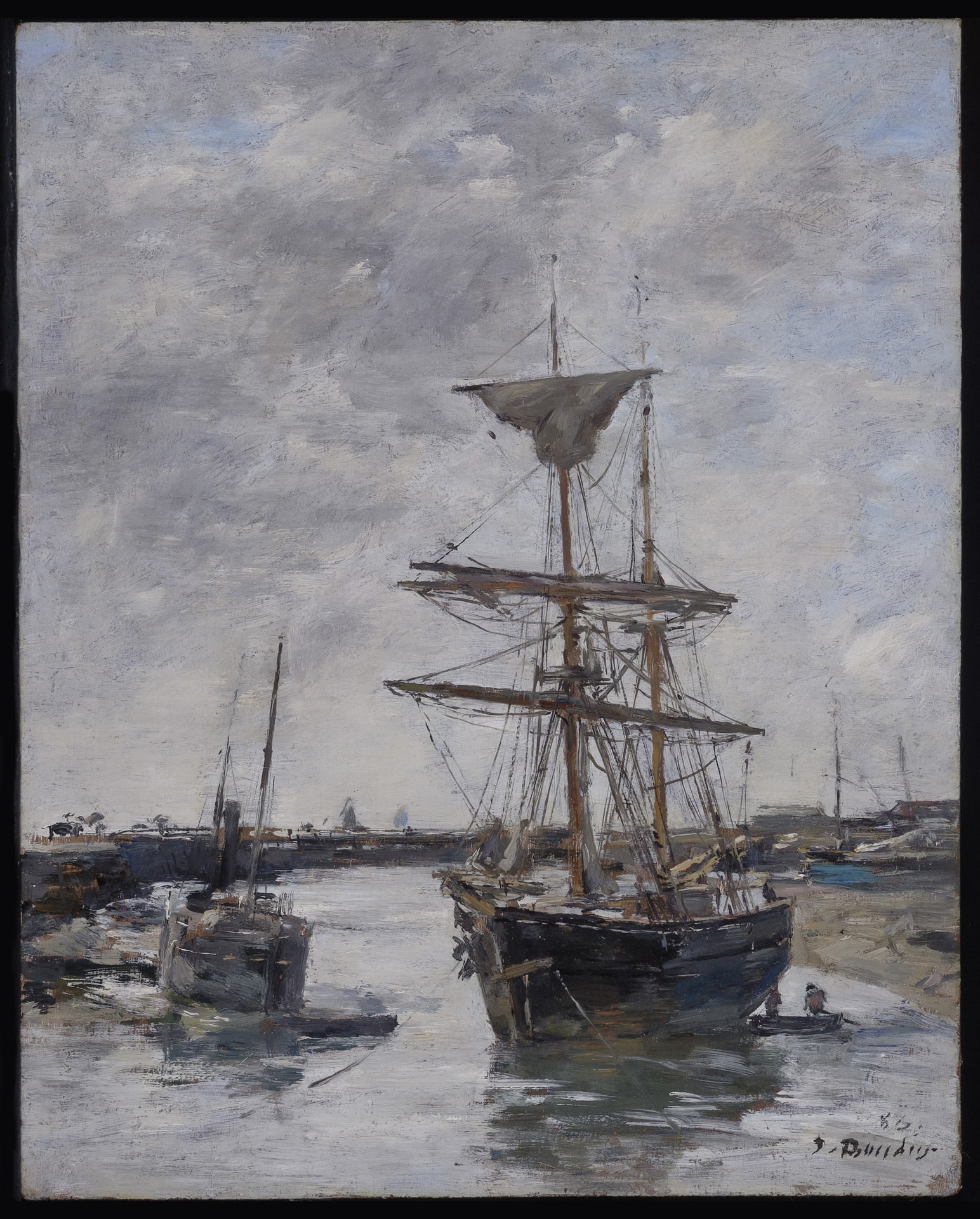 a seascape with two boats, the one on the right has a tall mast. both are docked
