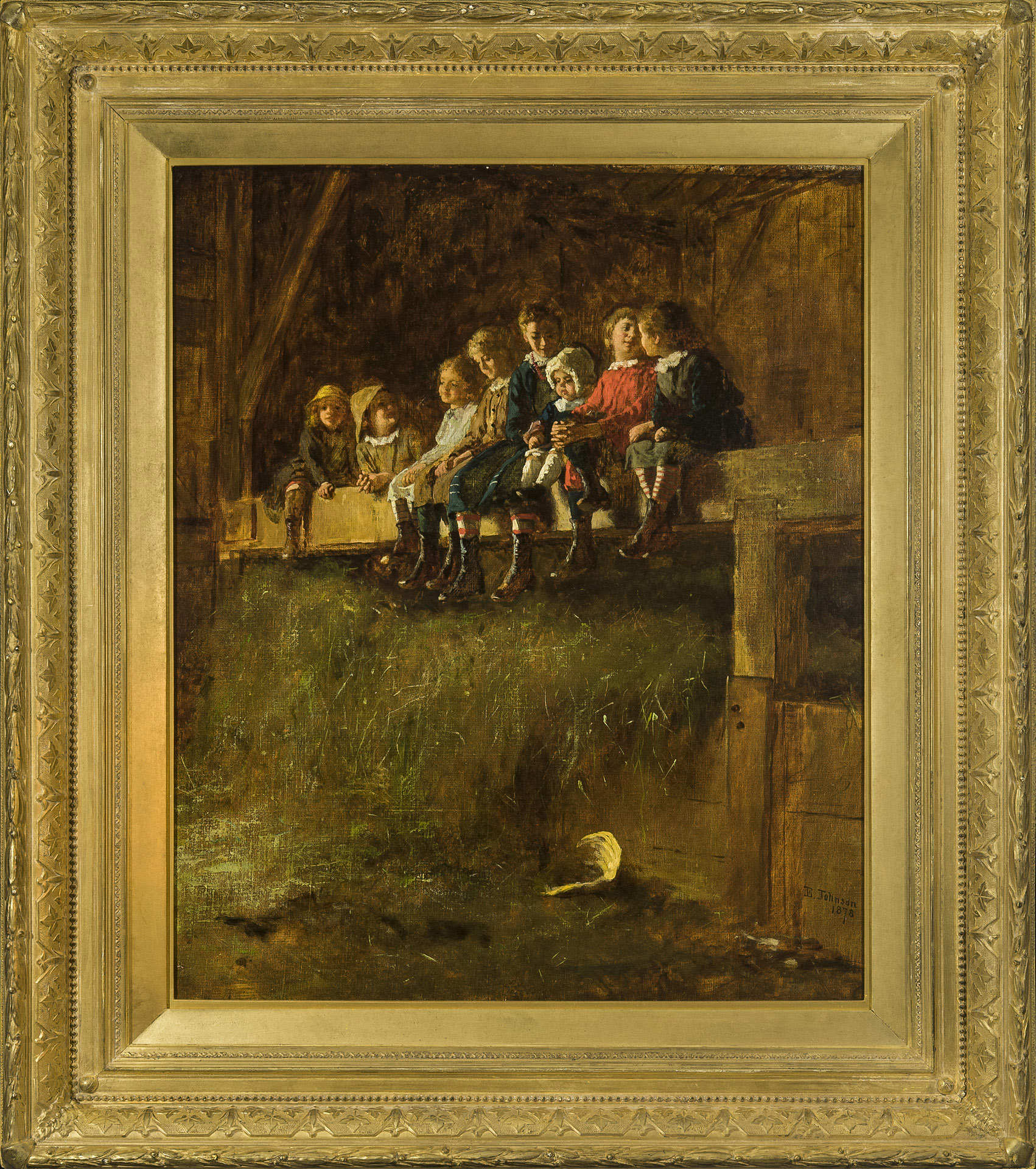 a painting of 7 children dressed in 19th century clothing sitting on a rafter in a barn