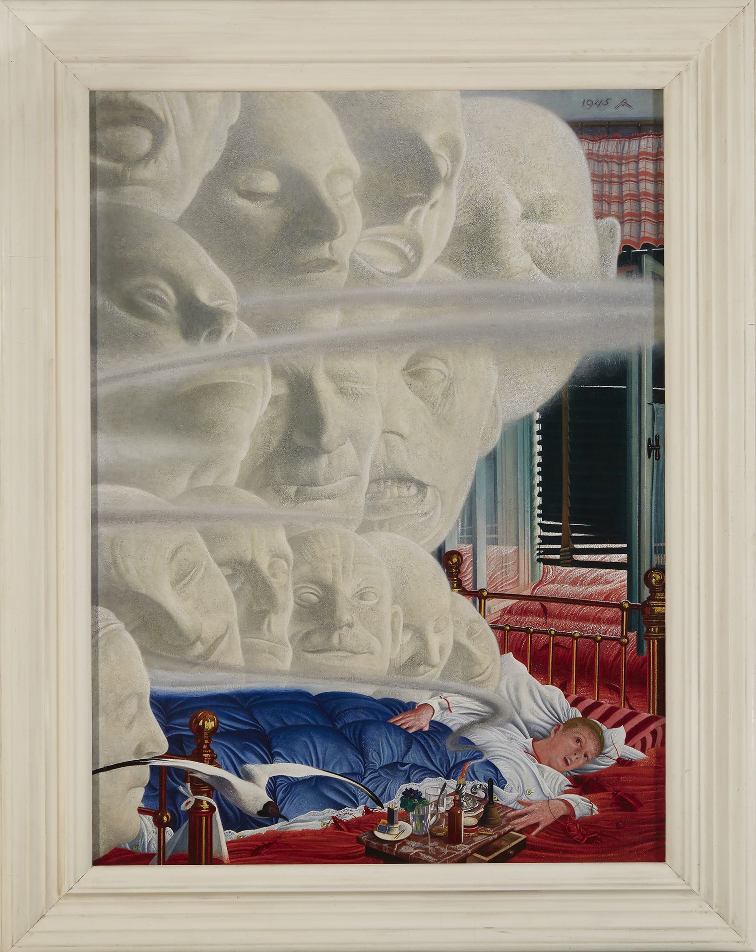 a painting of a sleeping man with a red flood coming through the window and large faces looming over him