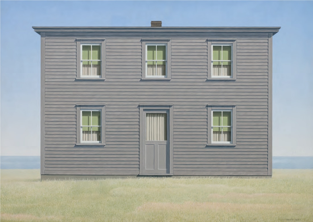 a painting of a grey house with a front lawn and the ocean in the background