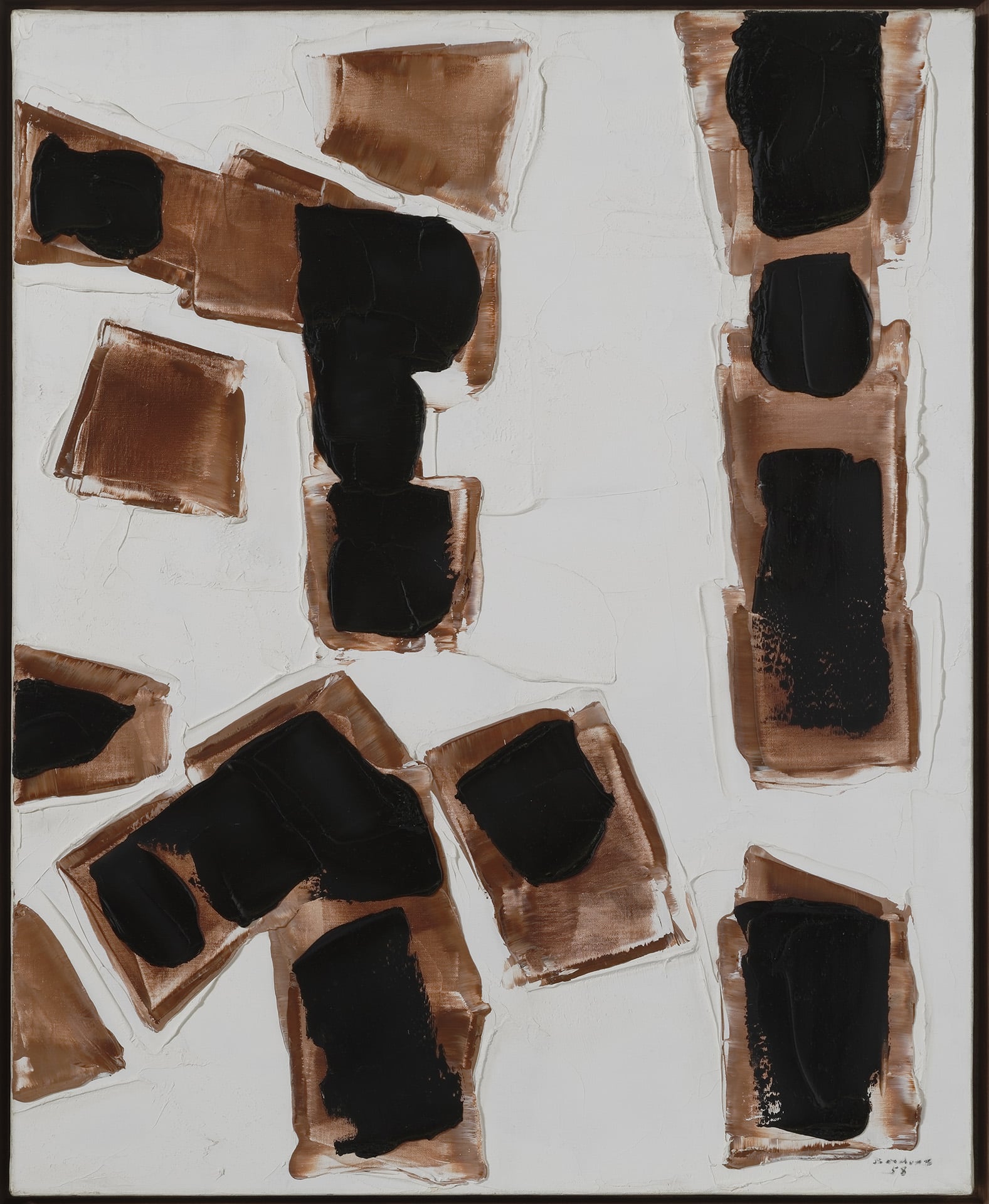 a painting of black rectangles on brown rectangles on a white background